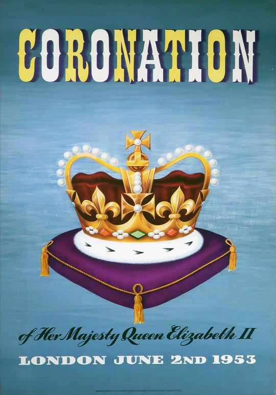 Poster of the Coronation of Queen Elizabeth II with a crown on a blue background