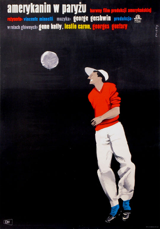 Movie poster of a man in a red sweater looking up at the moon against a dark background.