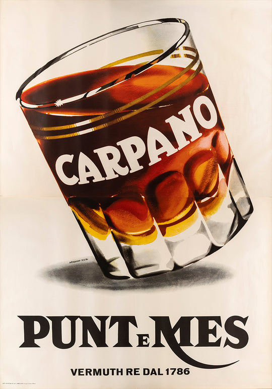 Vintage advertisement for Carpano Punt e Mes vermouth with a glass filled with the drink.