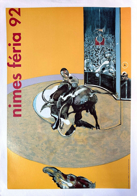 Poster for Nimes Feria 92 featuring a bull and matador illustration.