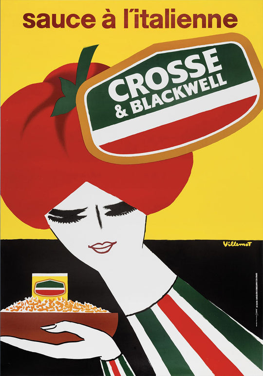 Vintage advertisement for Crosse & Blackwell sauce with a stylized woman holding a bowl of pasta.