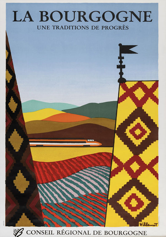 Poster of La Bourgogne with a train and traditional flags, featuring a scenic landscape.