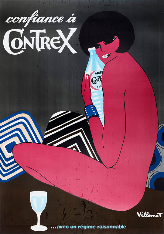 Artistic depiction of a person holding a Contrex bottle with text and design elements.