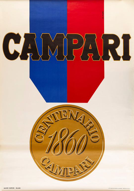 Campari logo with red, white, and blue stripes and a gold medal on a white background