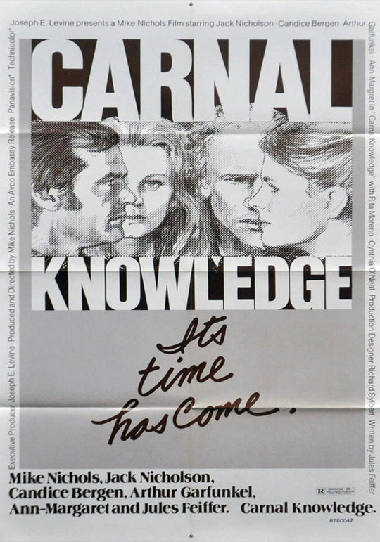 Carnal Knowledge vintage poster with three illustrated portraits and bold white typography
