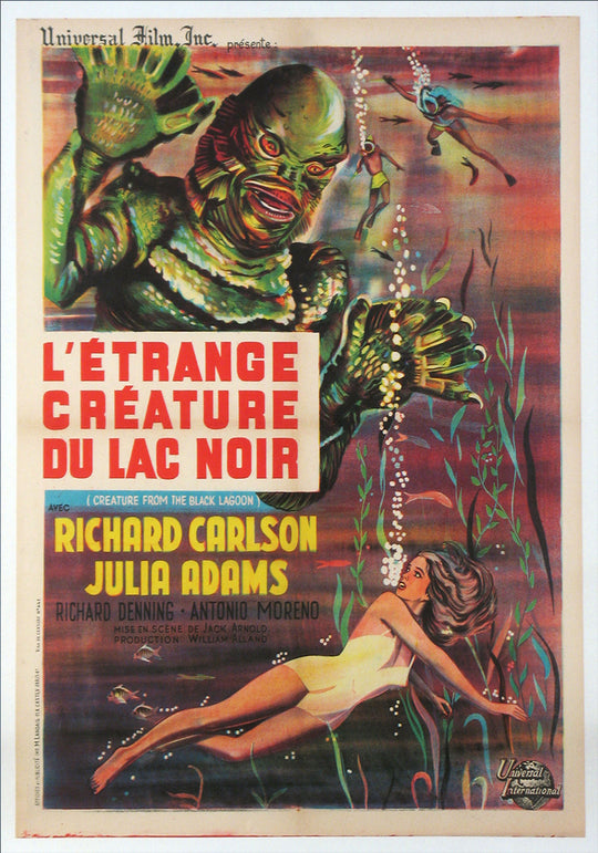 Vintage movie poster for 'Létrange çrature du Lac Noir' featuring a creature and a woman underwater.