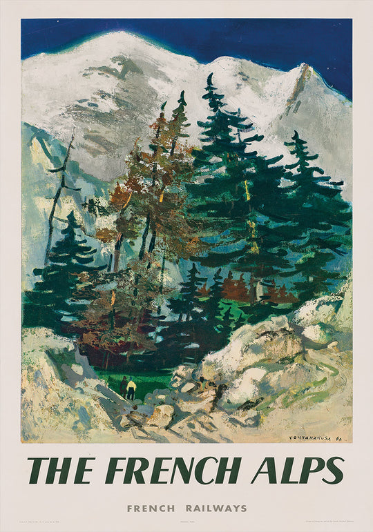 Vintage-style advertisement for French Railways featuring a mountain landscape with trees and snow.