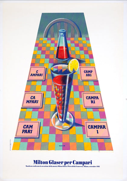 Colorful 3D art of a Campari cocktail on a checkered surface, designed by Milton Glaser.
