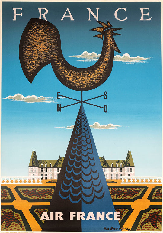 Vintage Air France poster with a rooster weathervane and castle in the background