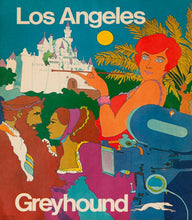 Load image into Gallery viewer, Vintage Greyhound bus poster for Los Angeles with colorful illustration of people and architecture.