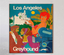 Load image into Gallery viewer, Vintage Greyhound bus poster for Los Angeles with colorful illustration of people and architecture.