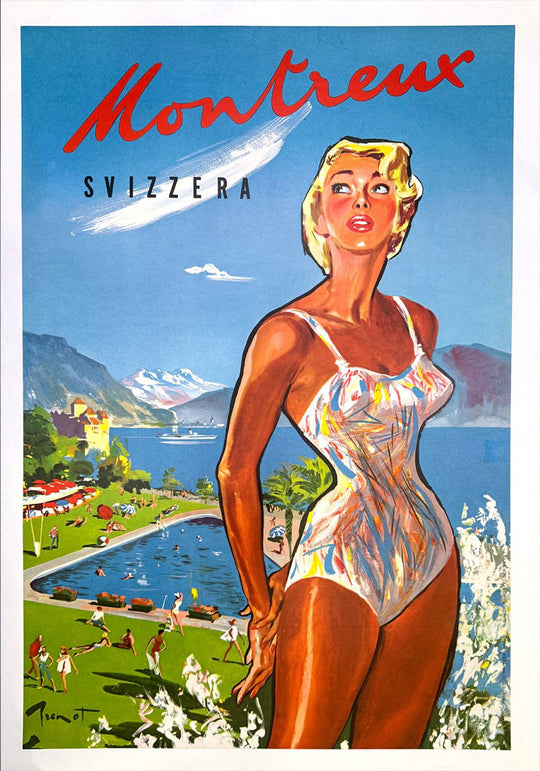 Vintage-style travel poster for Montreux, Switzerland featuring a woman in a swimsuit.