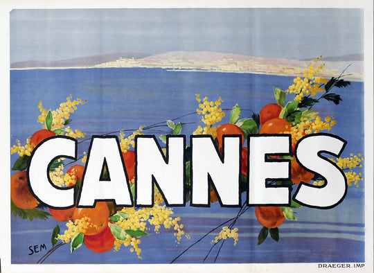 Decorative sign with 'Cannes' and scenic background poster for sale