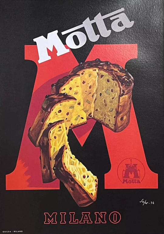 Motta Milano advertisement with a bread loaf and red letter 'A' on a black background