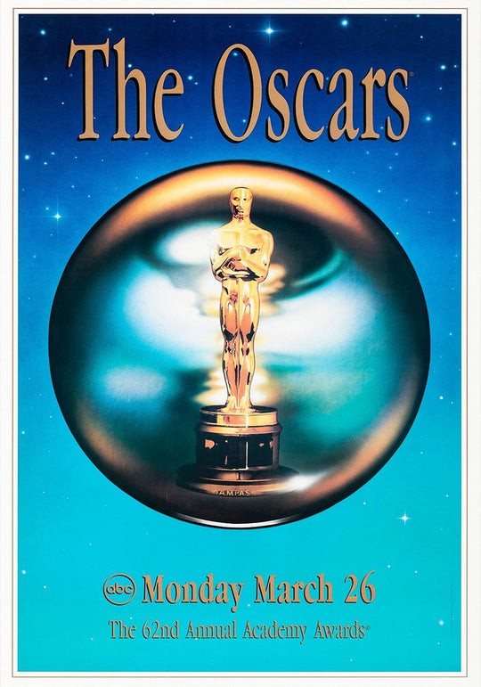 The Oscars 62nd Annual Academy Awards vintage poster with golden Oscar statuette and blue starry background