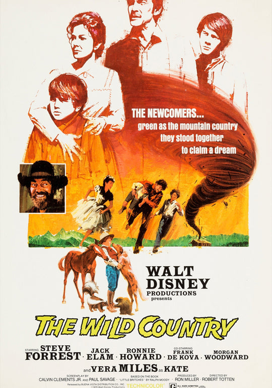 The Wild Country vintage Disney poster with illustrated characters and red bird on off-white background