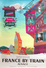 Load image into Gallery viewer, Colorful travel poster for France by train featuring a colorful building and scenic landscape.