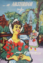 Load image into Gallery viewer, Vintage-style travel poster for Amsterdam featuring a woman with tulips and traditional architecture.