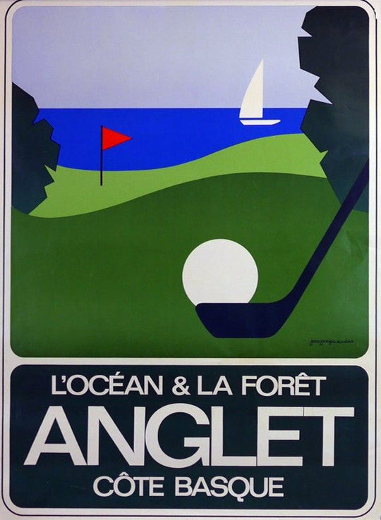 Golf course poster with ocean and forest background, featuring Anglet, Côte Basque.