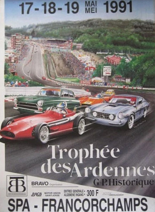 Vintage poster for Trophée des Ardennes race event with cars on a track.