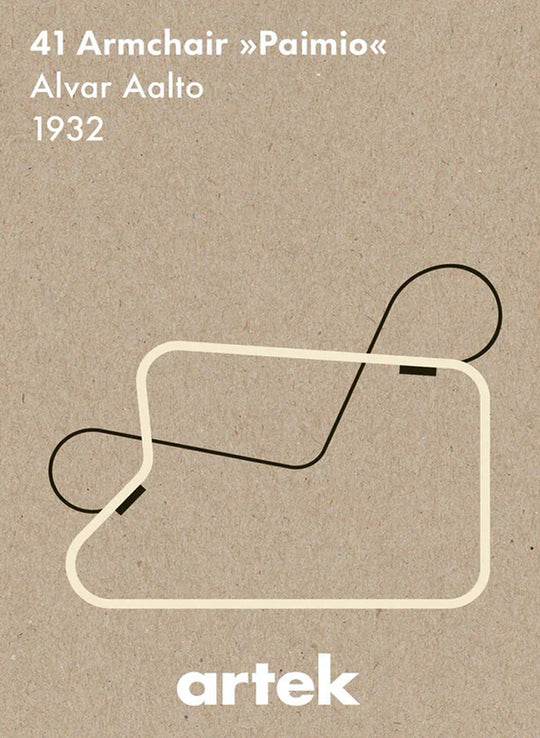 Advertisement for Artek's 41 Armchair 'Paimio' by Alvar Aalto from 1932 on a beige background.