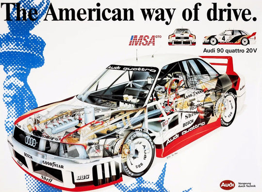 Audi 90 quattro 20V race car cutaway diagram with IMSA logo on a white background