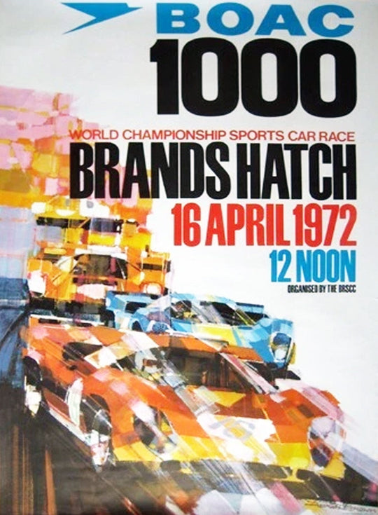 Promotional poster for BOAC 1000 World Championship Sports Car Race at Brands Hatch on 16 April 1972.