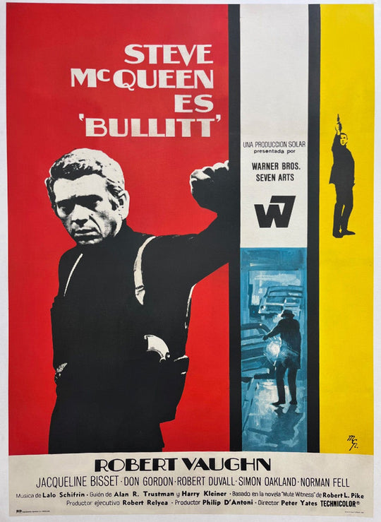 Movie poster for 'Bullitt' featuring Steve McQueen against a red background
