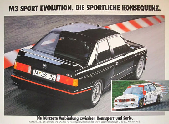 Vintage BMW M3 Sport Evolution advertisement with car on a racetrack.