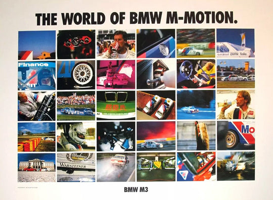 Collage of BMW M3 promotional images with text 'The World of BMW M-Motion' and 'BMW M3'.