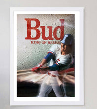 Load image into Gallery viewer, Framed poster of a baseball player with 'Bud King of Beers' text on a textured background