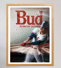 Load image into Gallery viewer, Framed poster of a baseball player with 'Bud King of Beers' text on a textured background.
