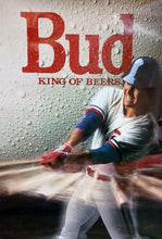 Load image into Gallery viewer, Vintage-style poster of a baseball player with 'Bud King of Beers' text on a light gray background.