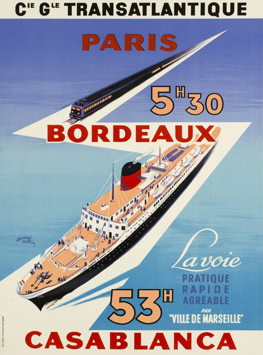 Vintage travel poster featuring text about travel times and destinations.
