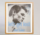 Load image into Gallery viewer, Framed movie poster of 'Let's Get Lost' starring Chet Baker on a gray wall.