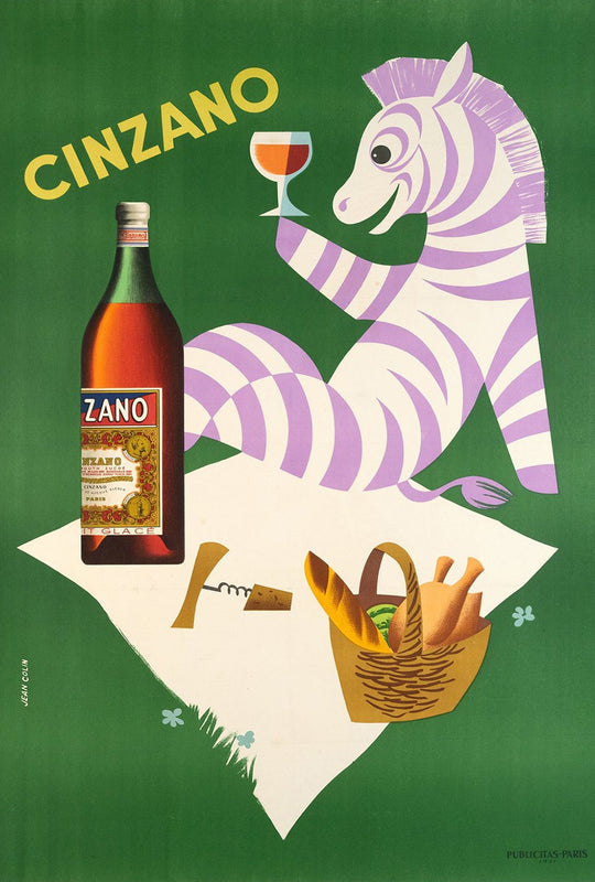 Buy Framed artwork of a zebra holding a glass of wine with a bottle labeled 'Cinzano'
