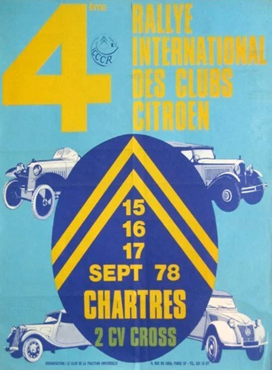 Poster for the 4th Rallye International des Clubs Citroèn event with vintage cars and dates on a blue background.