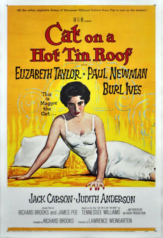 Vintage movie poster for 'Cat on a Hot Tin Roof' featuring Elizabeth Taylor.