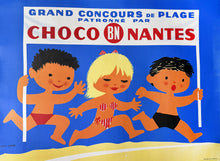 Load image into Gallery viewer, Vintage-style poster with children on a beach and Choco Nantes branding.