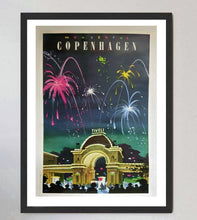 Load image into Gallery viewer, Framed poster of a night scene with fireworks and Tivoli amusement park in Copenhagen.