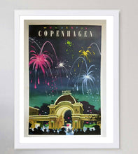 Load image into Gallery viewer, Framed poster of a night scene with fireworks and Tivoli amusement park in Copenhagen.