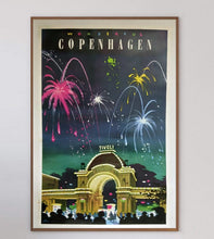 Load image into Gallery viewer, Framed poster of Copenhagen with fireworks and Tivoli entrance.