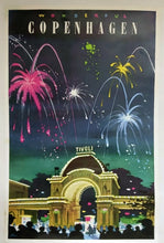 Load image into Gallery viewer, Framed poster of Copenhagen with fireworks and Tivoli entrance.