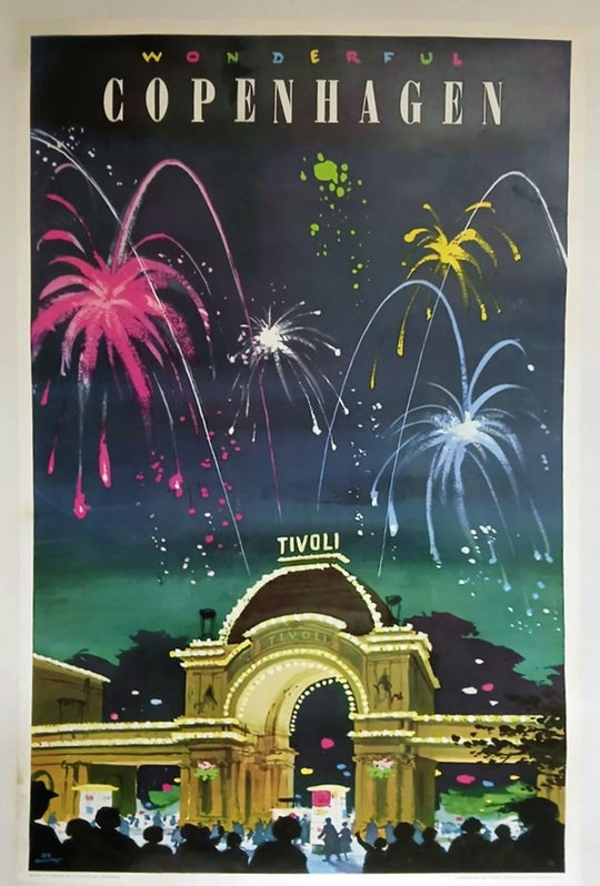 Framed poster of Copenhagen with fireworks and Tivoli entrance.