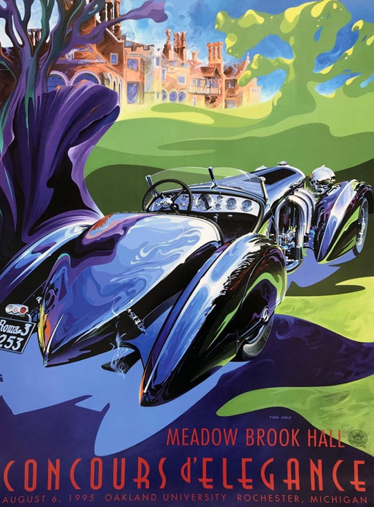 Vintage-style poster for Concours d'Elegance event with a classic car and castle in the background