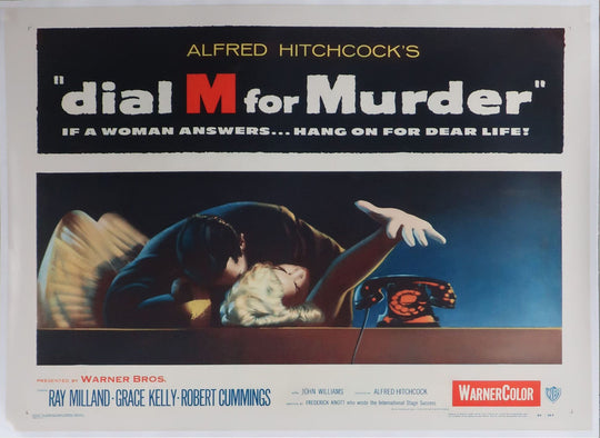 Vintage movie poster for 'Dial M for Murder' with a suspenseful scene and text.