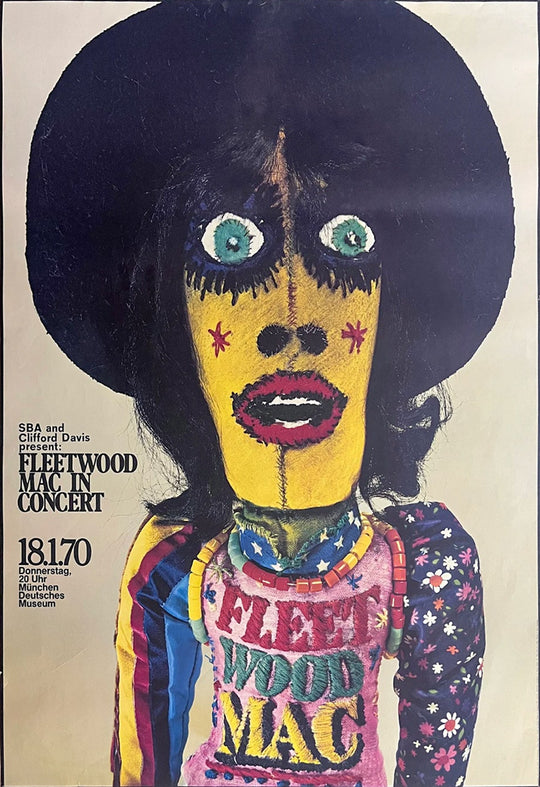 Framed poster of a stylized portrait with 'Fleetwood Mac' text on a beige background