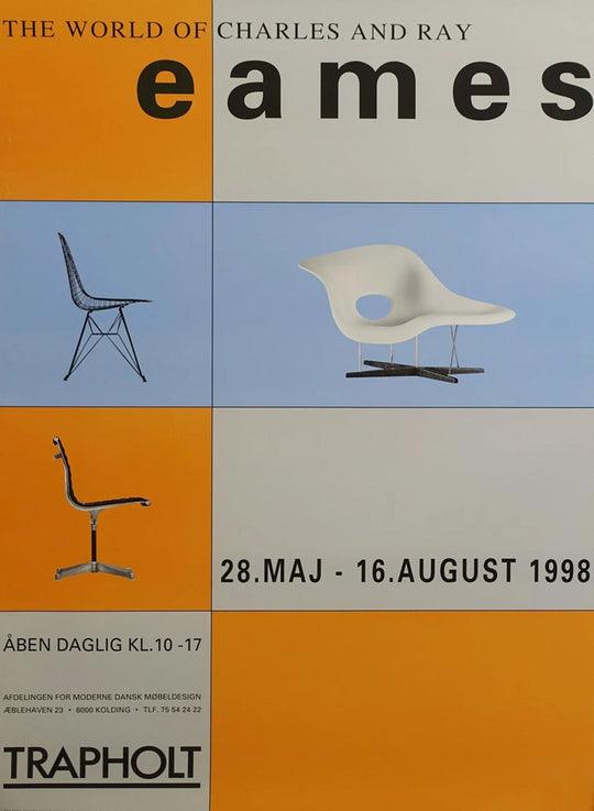 Poster for 'The World of Charles and Ray Eames' exhibition with chair illustrations and event details.