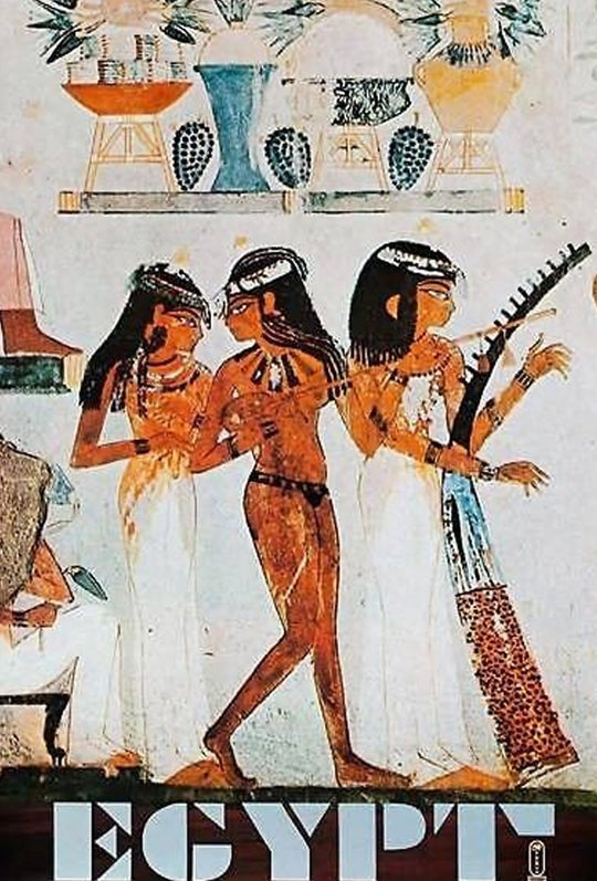 Framed Egyptian art print with three figures and EGYPT text on a light gray wall