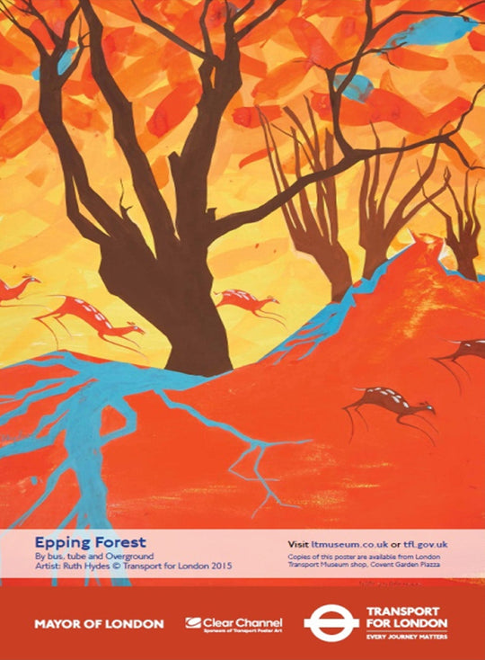 Artistic depiction of trees and deer with a stylized landscape, featuring Transport for London branding.